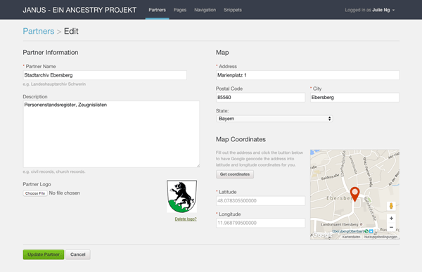 Admin interface where users can manage a partner, including uploading a logo and placing the marker via geolocation.