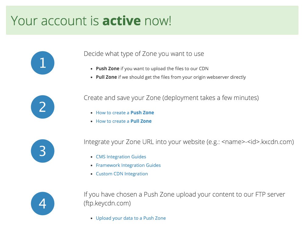 KeyCDN Onboarding has clear steps