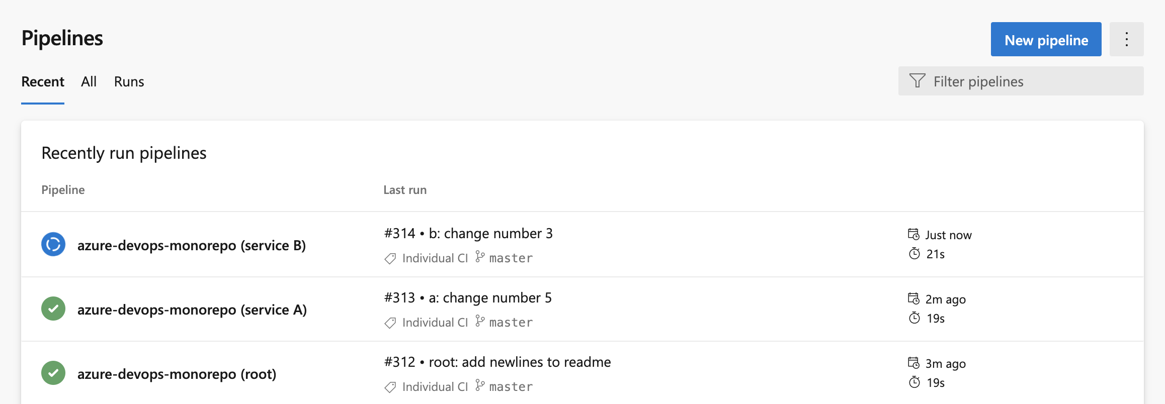 Note: these commits were pushed separately to generate distinct "Last run"s.