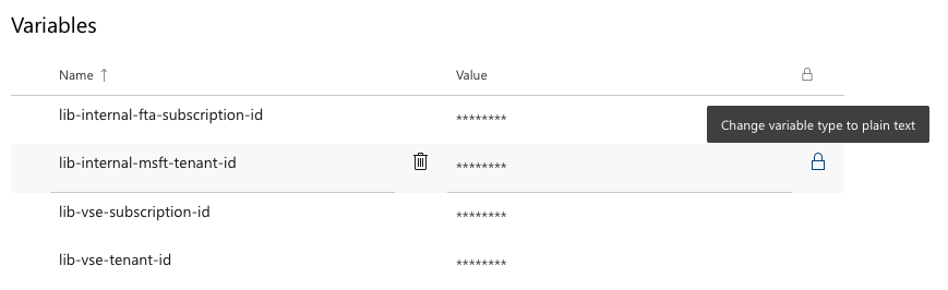 Look for the lock icon to ensure you've marked your variables as secrets