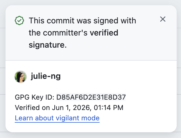 A git commit on GitHub showing the green "Verified" badge