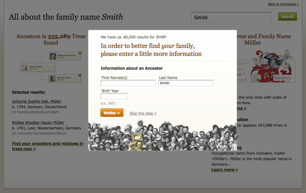 <em>New Step</em>: If user clicks on historical record matches, we prompt first name and birth year of an ancestor to narrow down to relevant results. Includes option to skip.<br><br>Design detail: one man amongst many is highlighted in graphic.