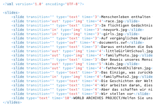 XML source for German version. Transitions, slide types and length are all editable in XML